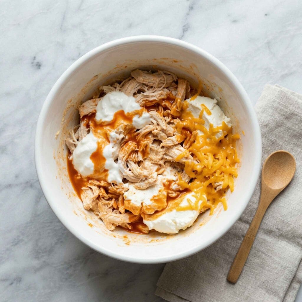mixing shredded chicken, greek yogurt, buffalo sauce and cheddar cheese in a bowl for high protein buffalo chicken dip
