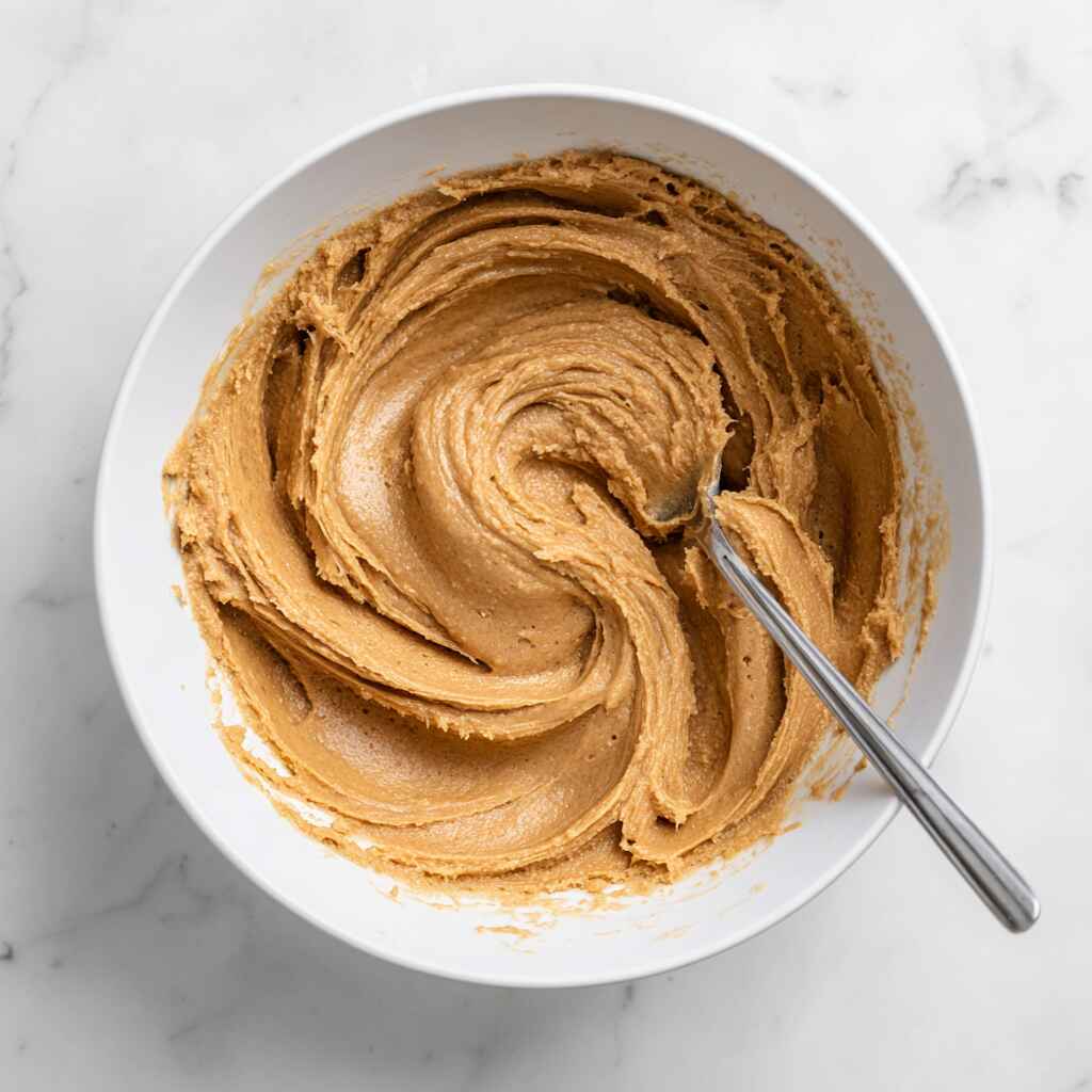 Thick peanut butter protein cookie dough mixed in a white bowl