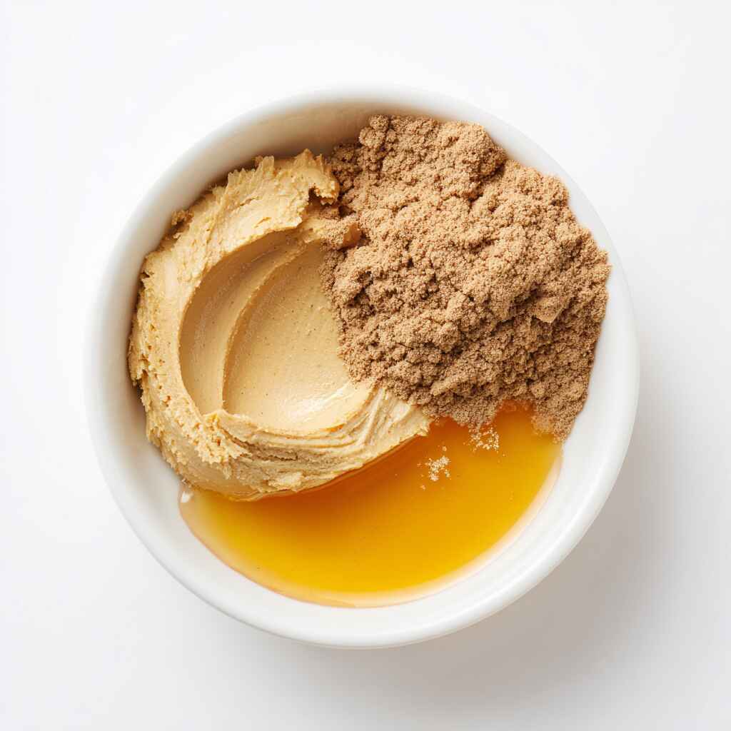 Peanut butter, protein powder, and honey in a white bowl before mixing