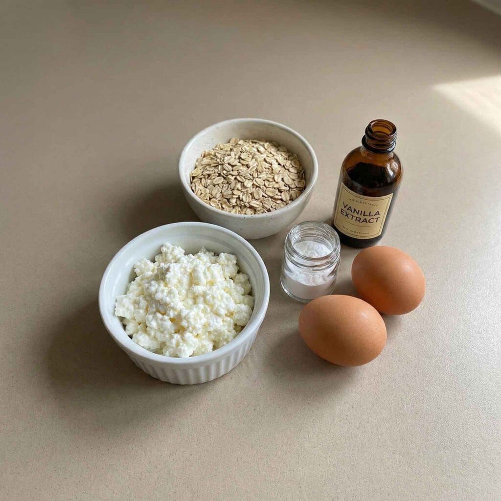 Cottage cheese, oats, eggs, baking powder, and vanilla extract arranged on a neutral background.