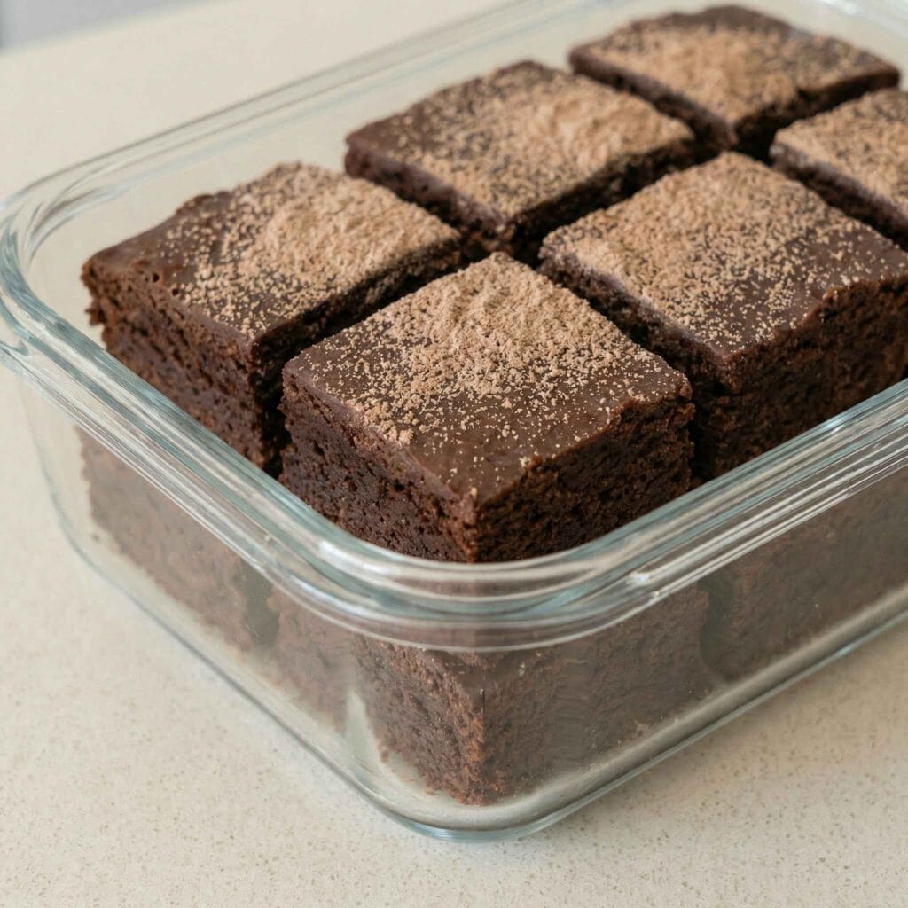 Chocolate brownies with protein powder stored in a glass airtight container