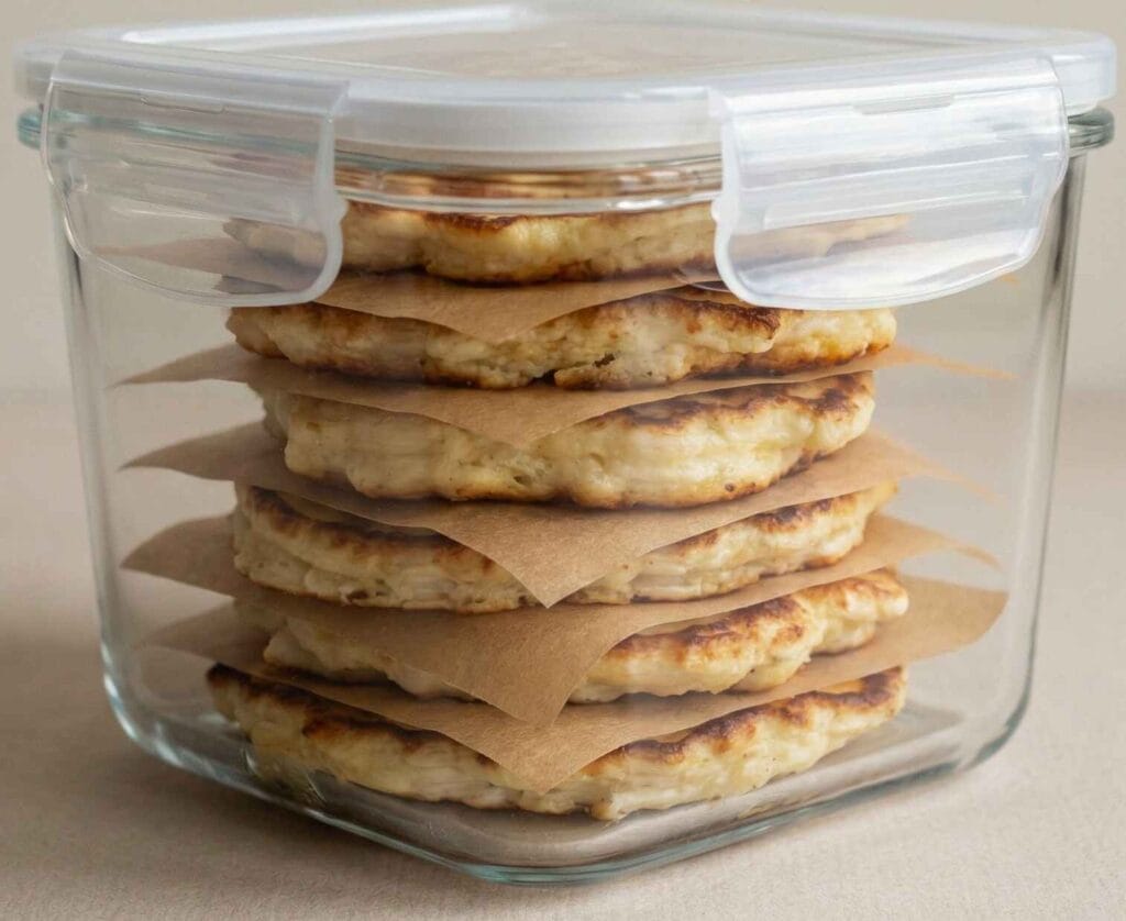 Cottage cheese pancakes stored in airtight container with parchment paper.