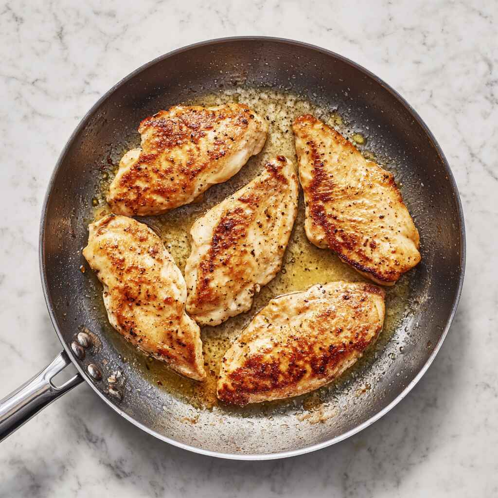 chicken breasts cooking in pan with golden sear and olive oil