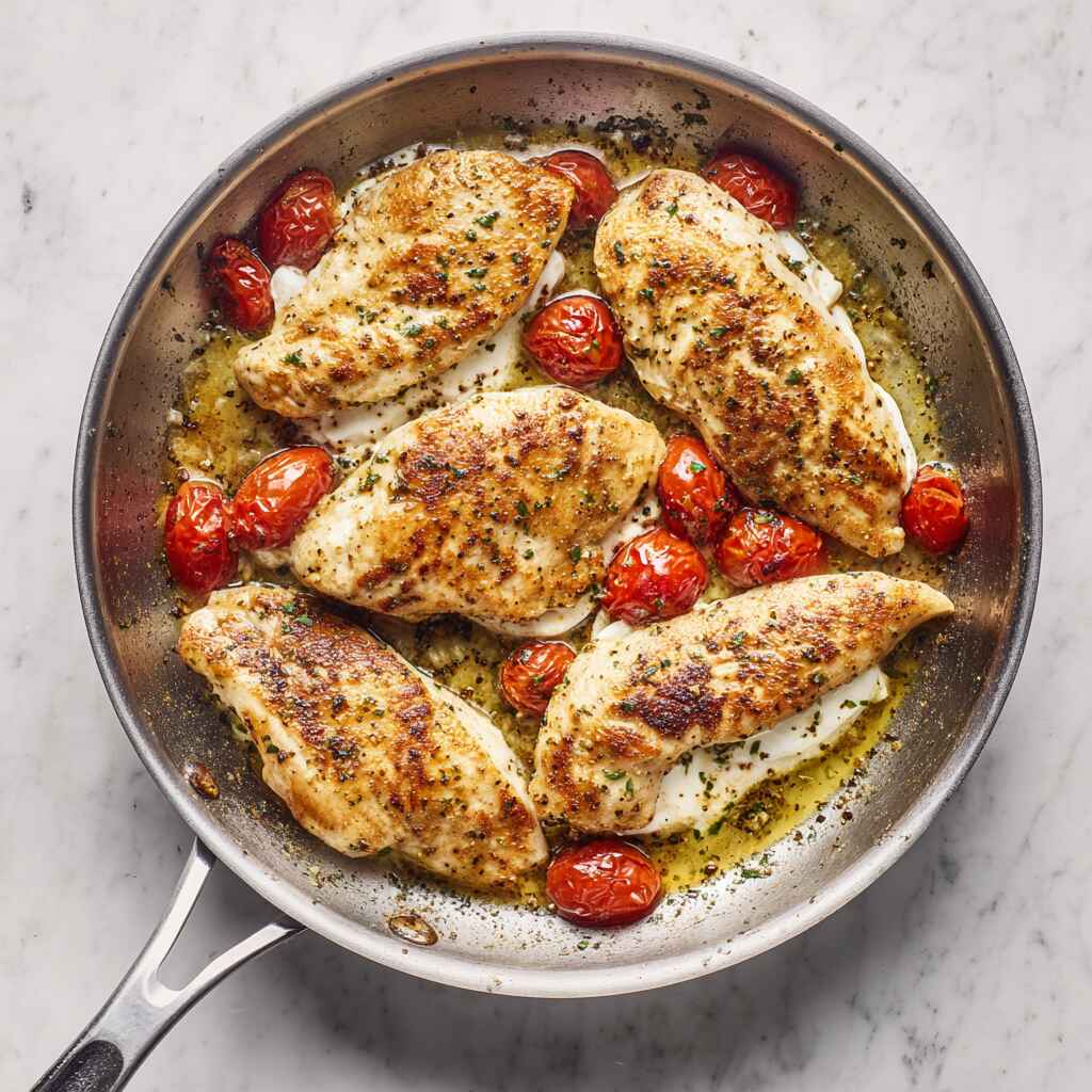chicken with melted mozzarella and cherry tomatoes cooking in pan