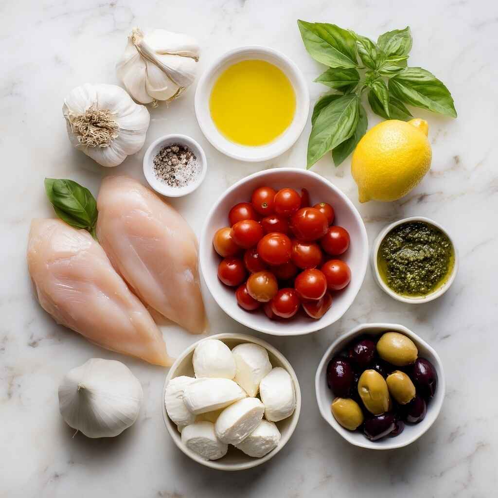 ingredients for grilled chicken margherita olive garden including chicken mozzarella cherry tomatoes basil and pesto