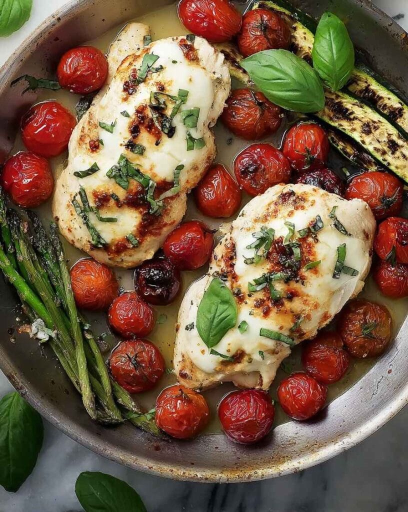 grilled chicken margherita with zucchini and asparagus variation