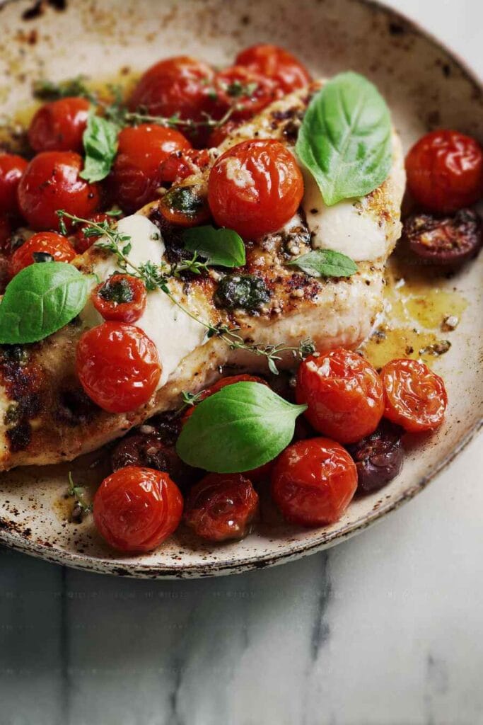 juicy grilled chicken margherita with melted mozzarella and roasted cherry tomatoes
