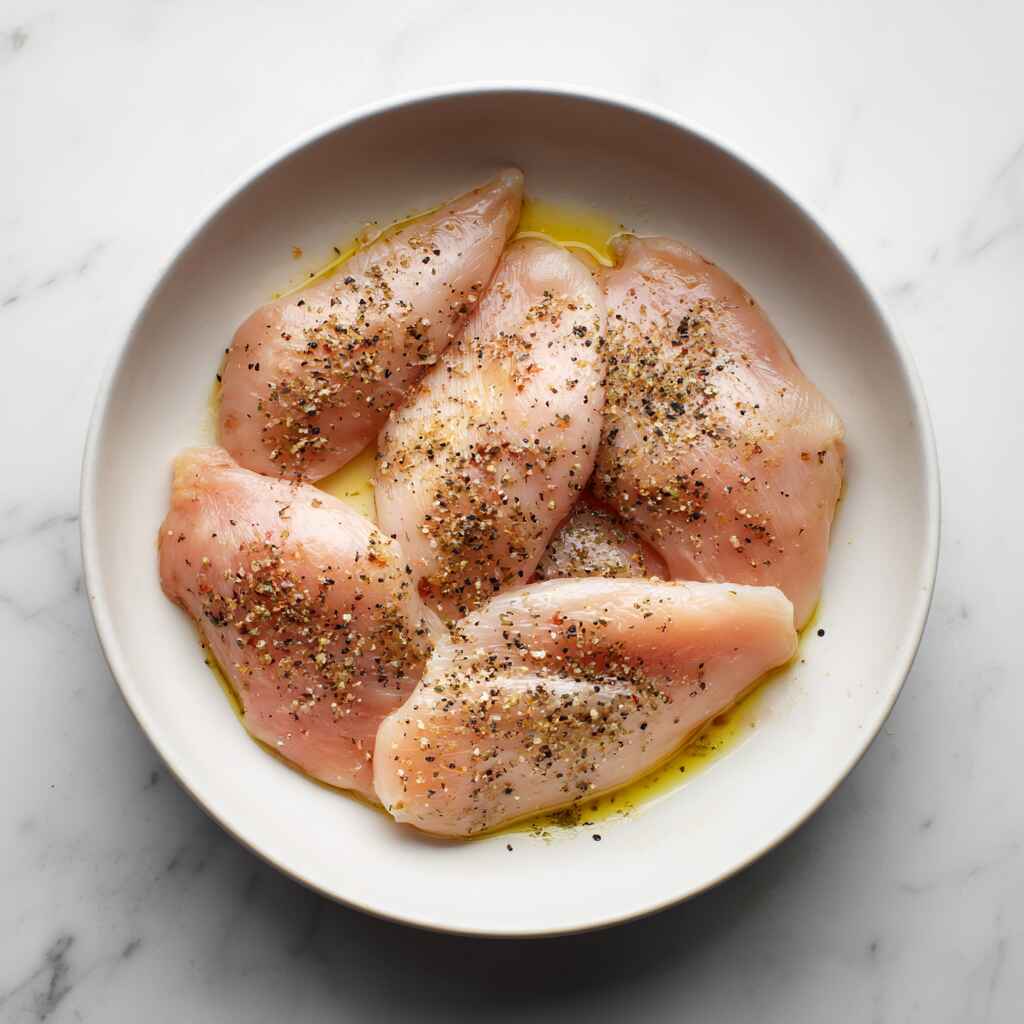 seasoned raw chicken breasts with olive oil salt and black pepper in bowl
