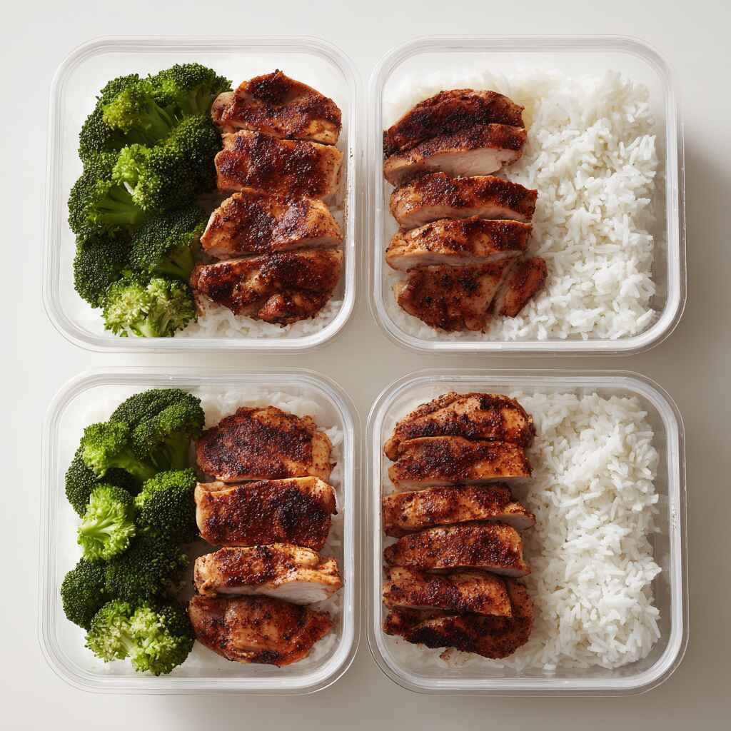 chicken thighs with rice and broccoli arranged in meal prep containers