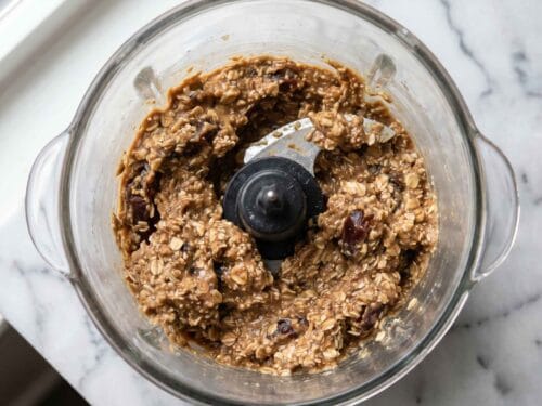 blended mixture for high protein date balls thick and sticky texture