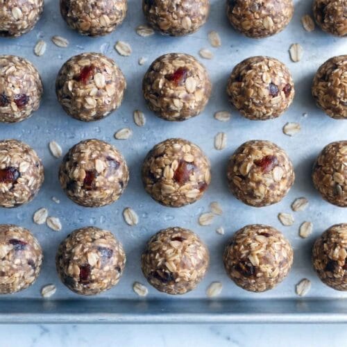 chilled protein energy balls on tray firm and ready to serve