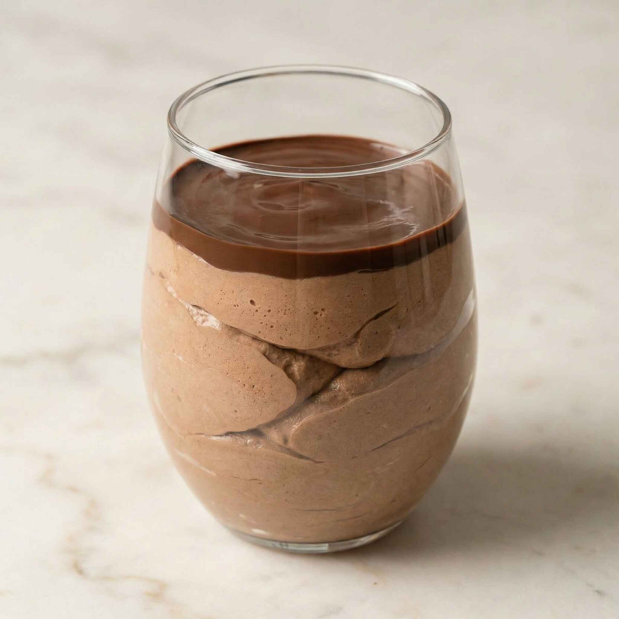cottage cheese cheesecake no bake in a glass cup with smooth chocolate layer on top