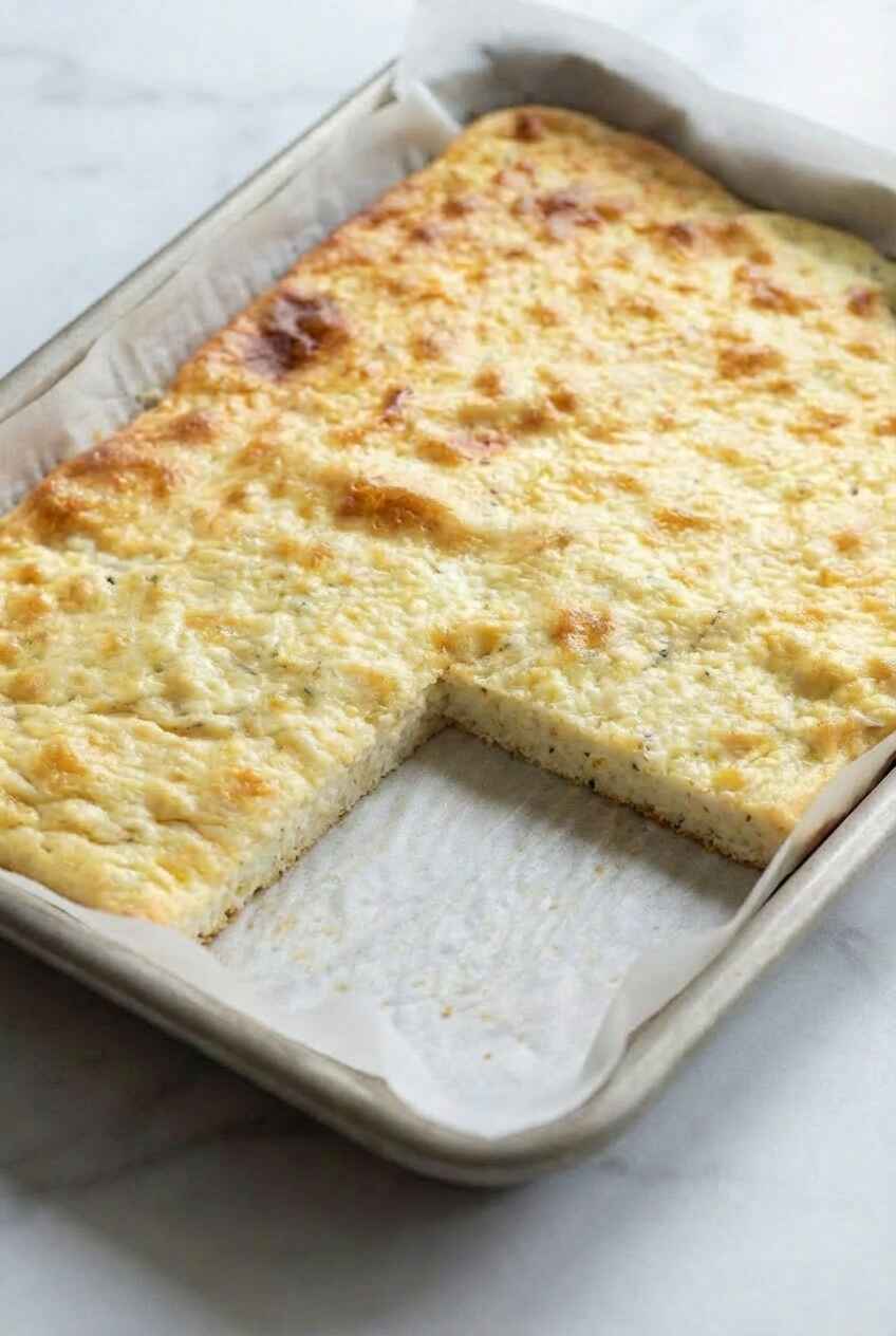 cottage cheese flatbread sliced in tray showing soft dense interior