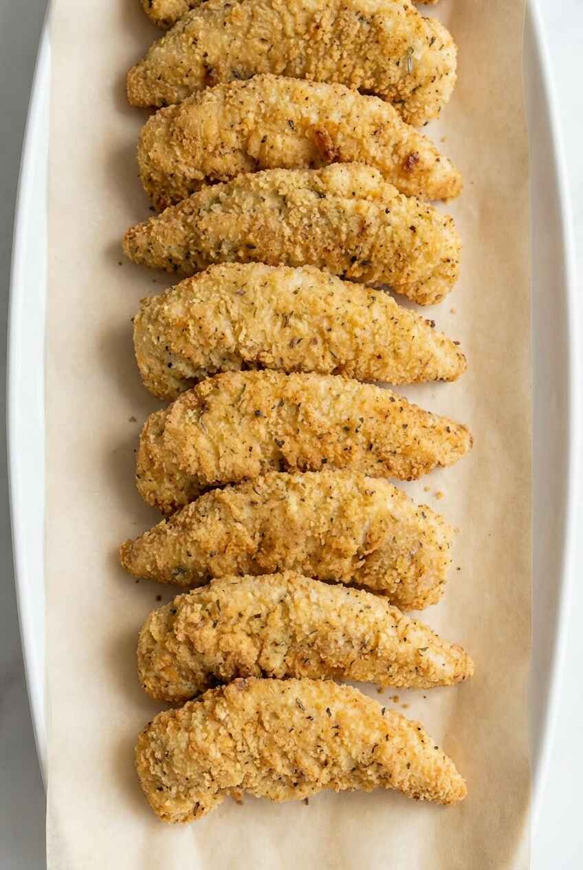 low calorie air fryer chicken tenders arranged neatly on parchment paper, golden crispy coating, light and healthy homemade recipe