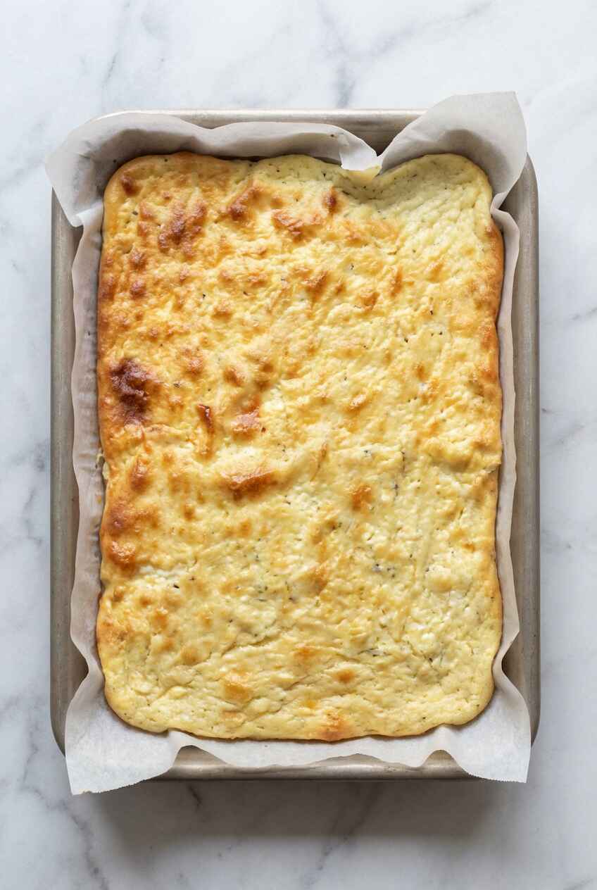 golden cottage cheese flatbread baked in tray soft texture
