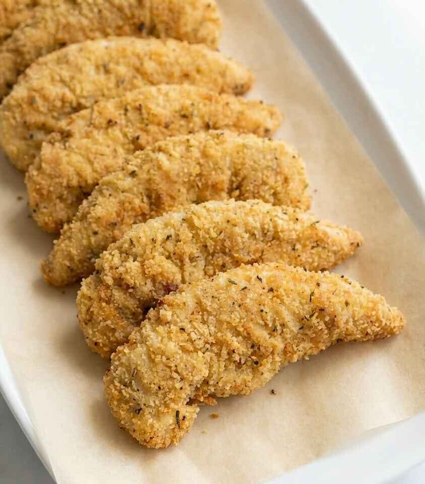 low calorie air fryer chicken tenders close up with crispy breadcrumb coating and golden finish