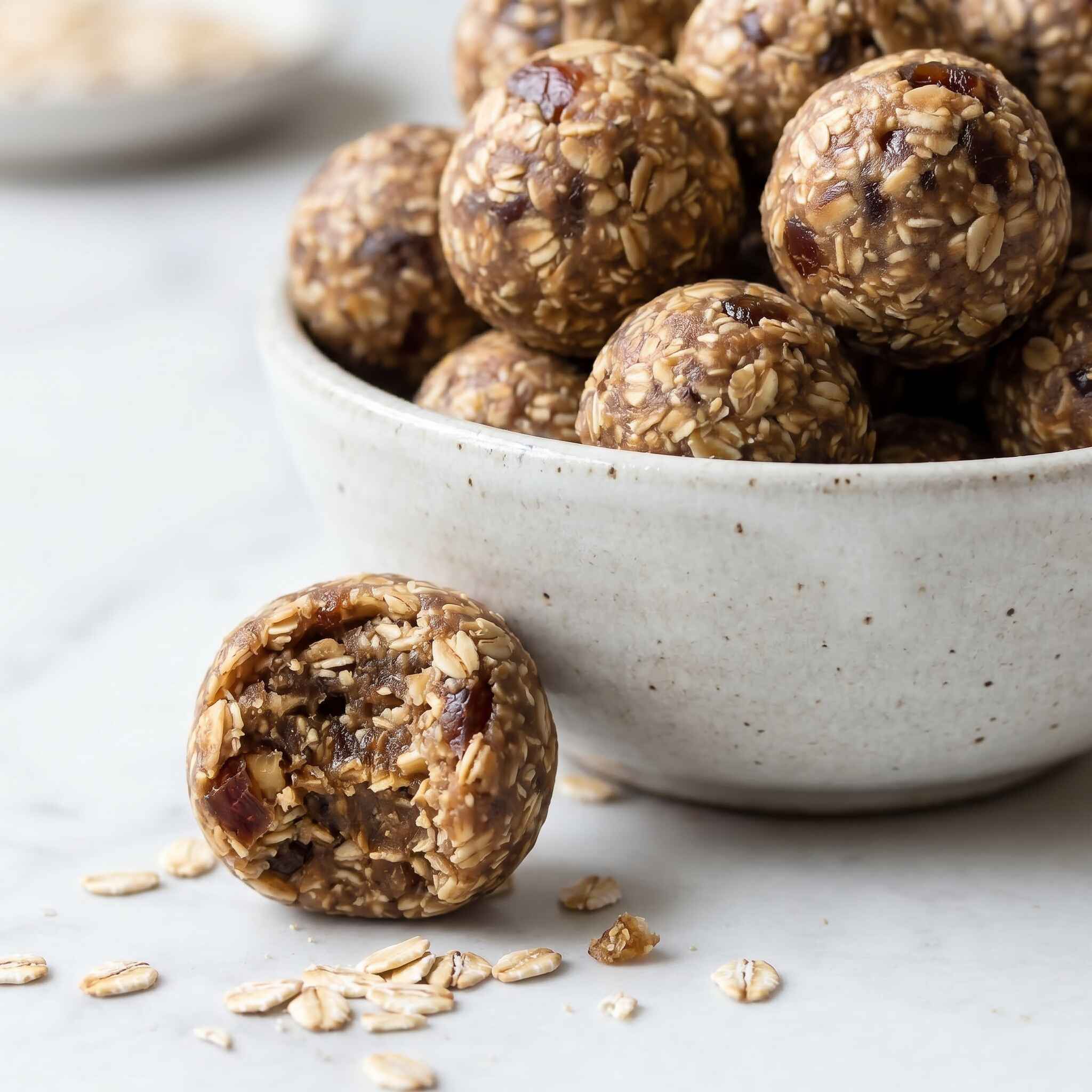 close-up high protein date balls showing soft chewy texture with oats and dates