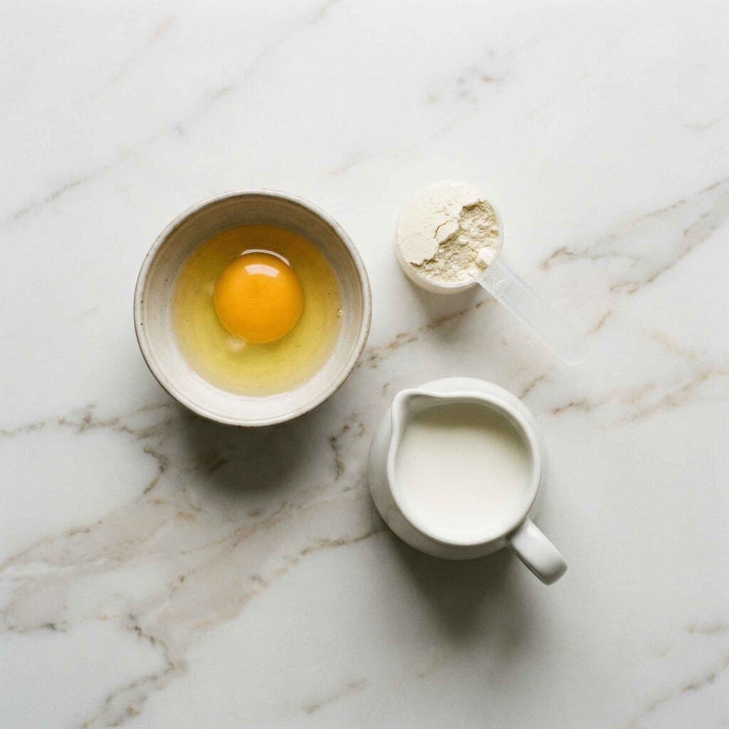 Egg, milk, and protein powder prepared for a high protein 3 ingredient mug cake recipe