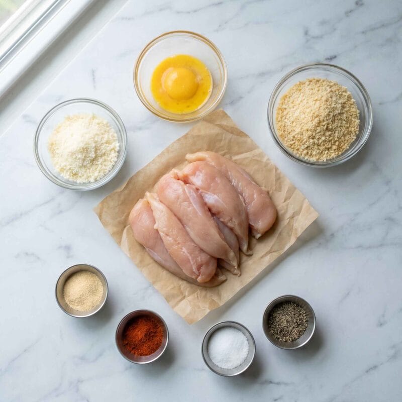 ingredients for low calorie air fryer chicken tenders including chicken, egg, breadcrumbs, parmesan and spices