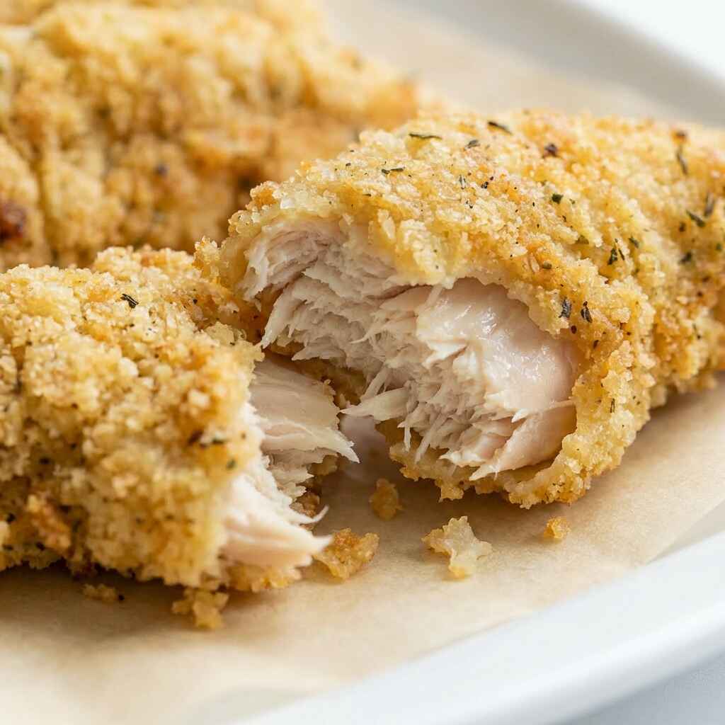 low calorie air fryer chicken tenders broken open showing juicy inside and light crispy coating