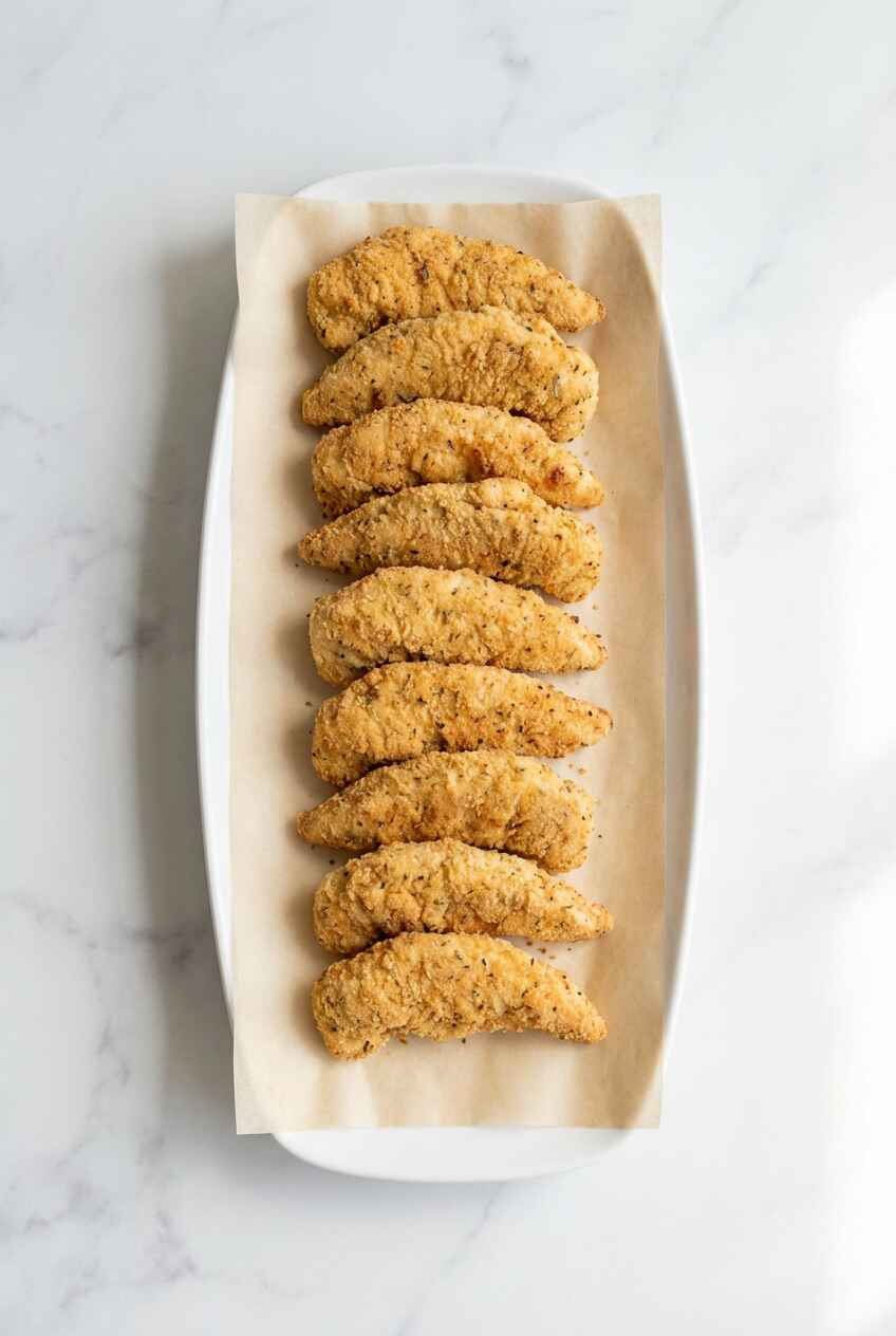 low calorie air fryer chicken tenders served on a clean plate with a light golden coating