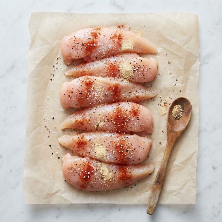 raw chicken tenders with spices added on top before mixing for low calorie air fryer chicken tenders