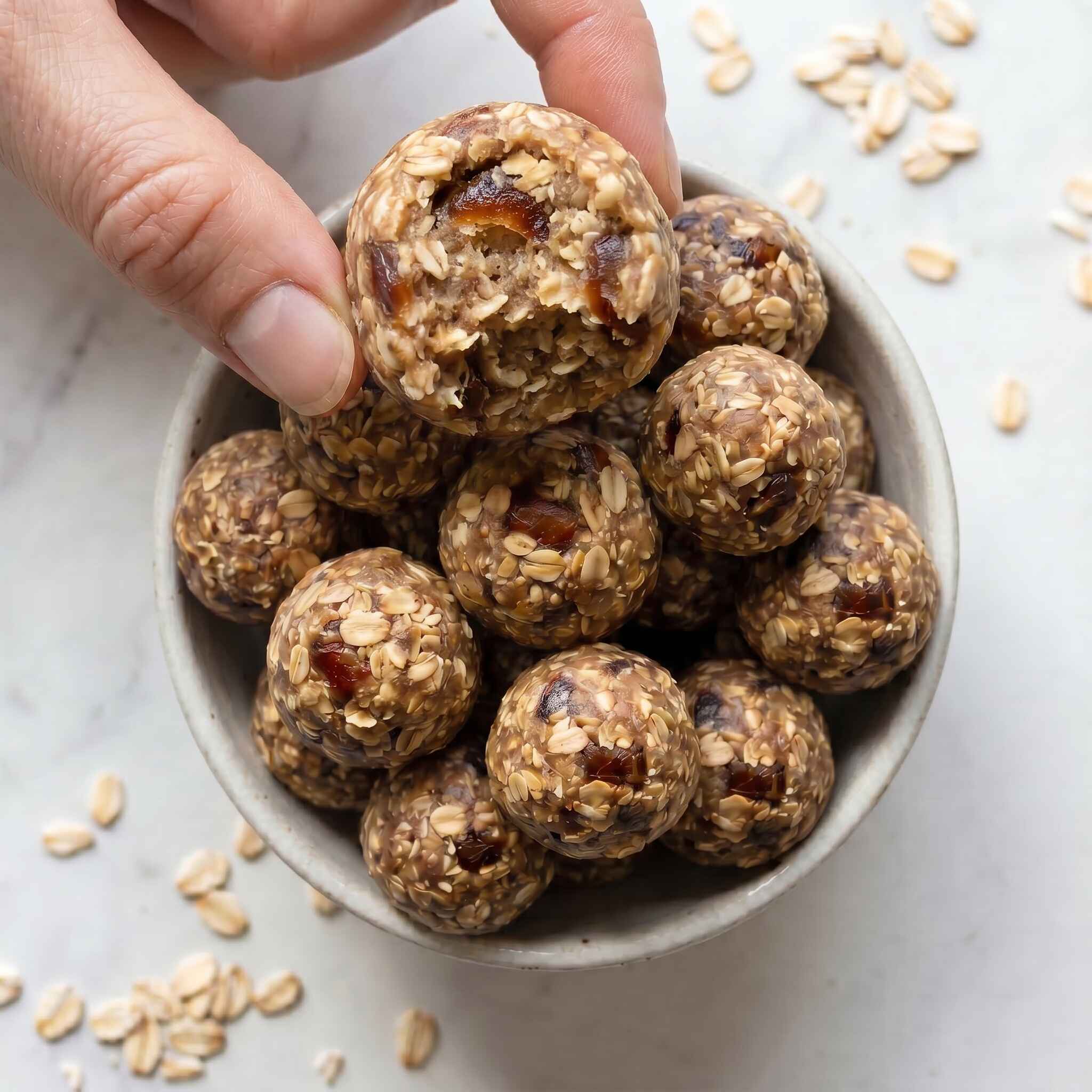 close-up bitten protein energy ball showing soft chewy texture inside